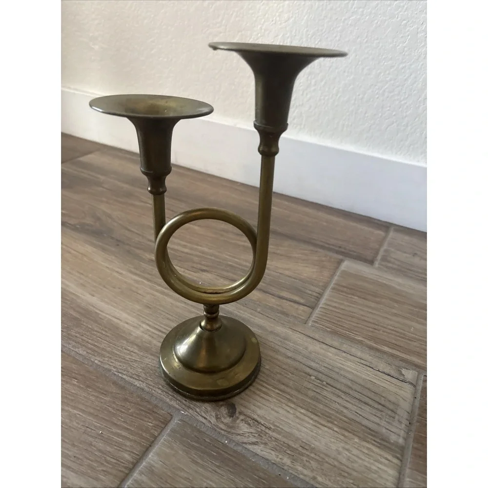 Brass Double Candle Holder  French‎ Horn Trumpet Candlestick MCM  11